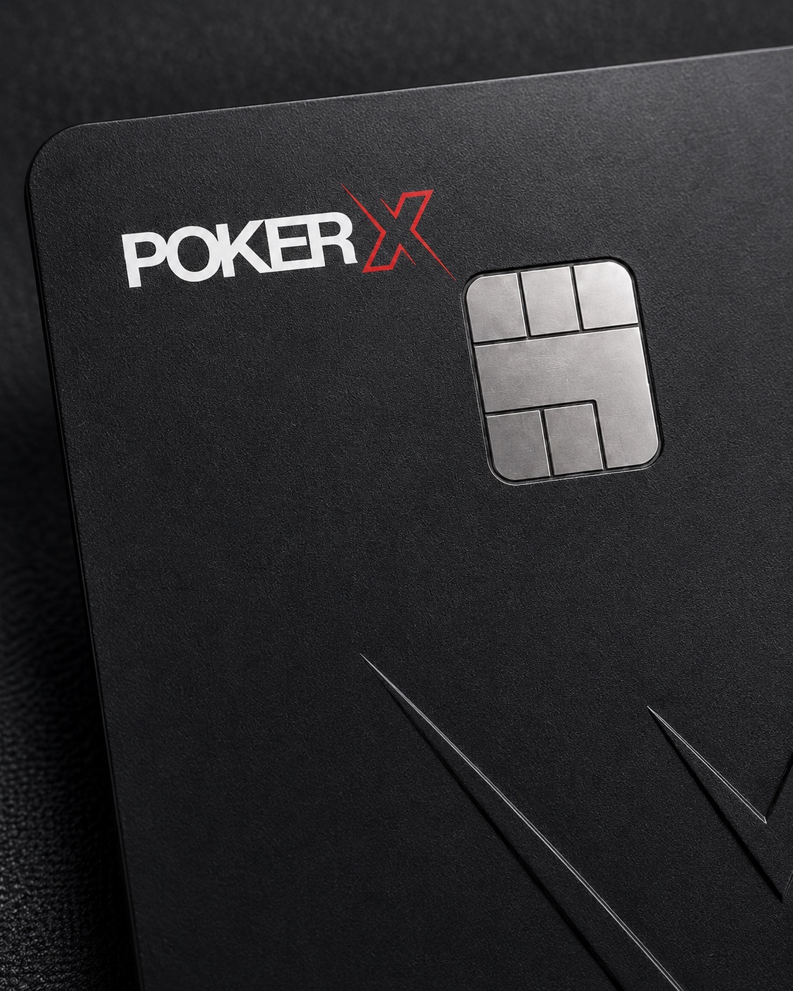 Close detail of the POKER X Black Card — matte finish, brushed steel chip